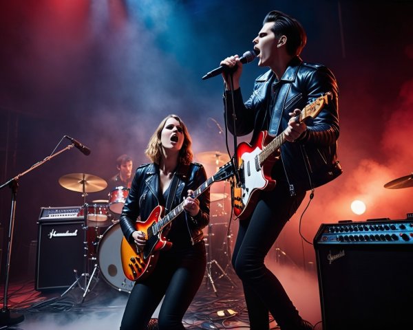 Dynamic Rock Band Performance with Colorful Stage Lights