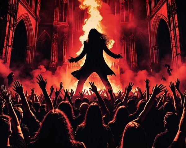 Gothic Cathedral on Fire with Silhouetted Figure