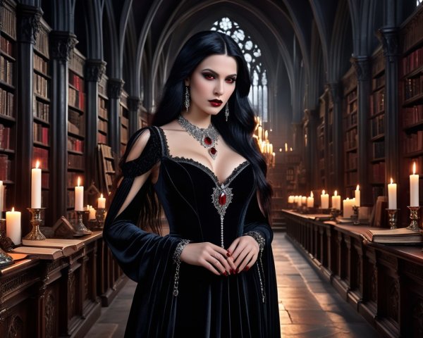Gothic Library Scene with Mysterious Woman in Velvet Gown
