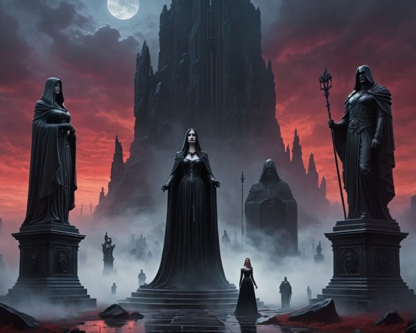 Gothic Scene with Cloaked Statues and Crimson Skies