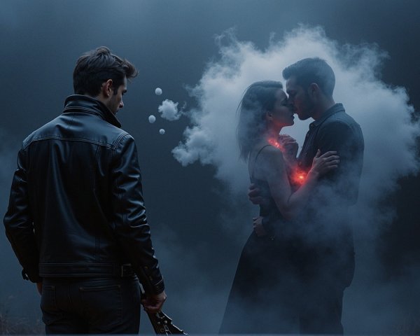 Moody Scene with Man and Couple in Smoky Atmosphere