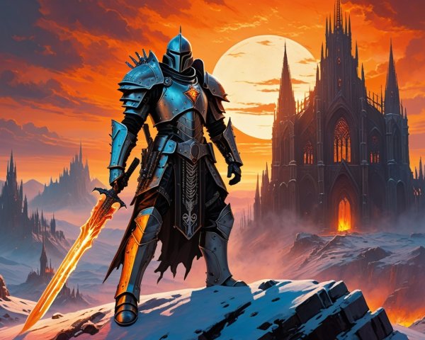 Knight in Armor with Fiery Sword at Gothic Castle