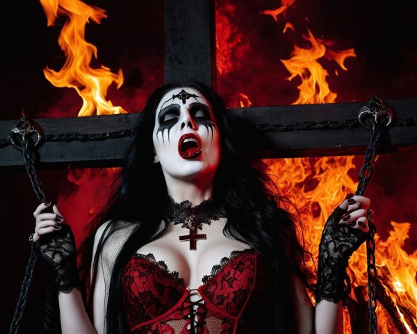Gothic Scene with Woman in Red Lace and Flames