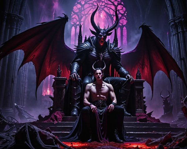 Gothic Cathedral Scene with Demonic Figure and Submission