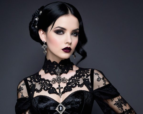 Elegant Woman in Black Lace Dress with Gothic Elements