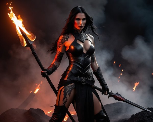 Powerful figure in black leather with weapons and intensity