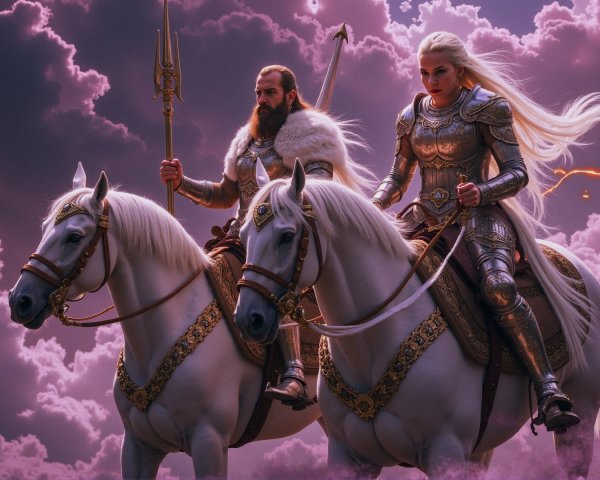 Duo on White Horses Against Dramatic Sky