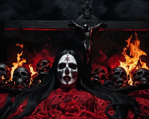 Woman in red lace with skull makeup in gothic setting