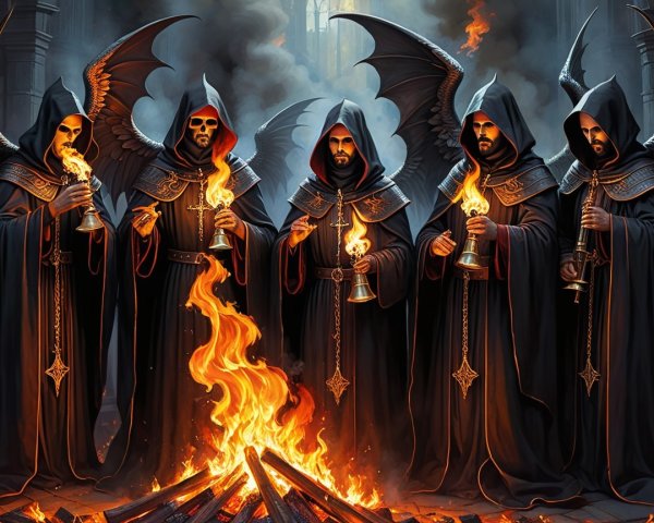 Hooded Figures with Wings Gather Around a Fire