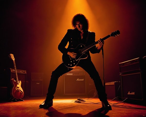 Guitarist in Dramatic Pose Under Orange Stage Lighting