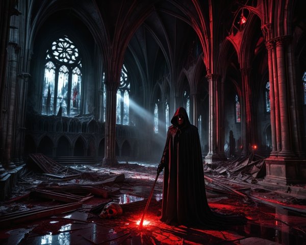 Gothic Cathedral with Cloaked Figure in Red Light