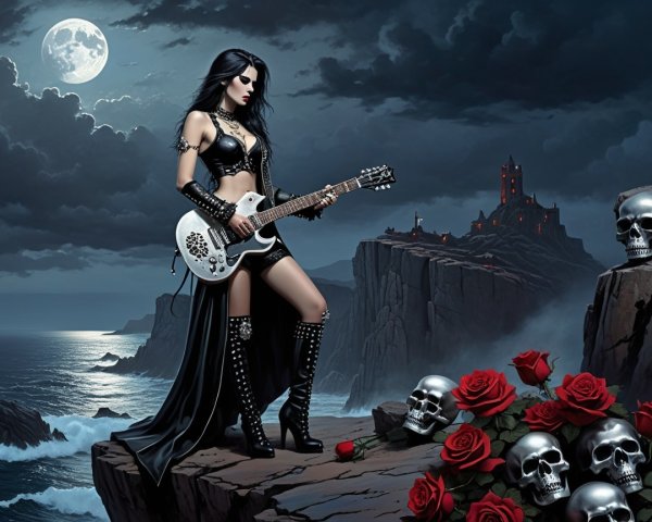 Gothic Scene of Woman Playing Guitar on Cliff