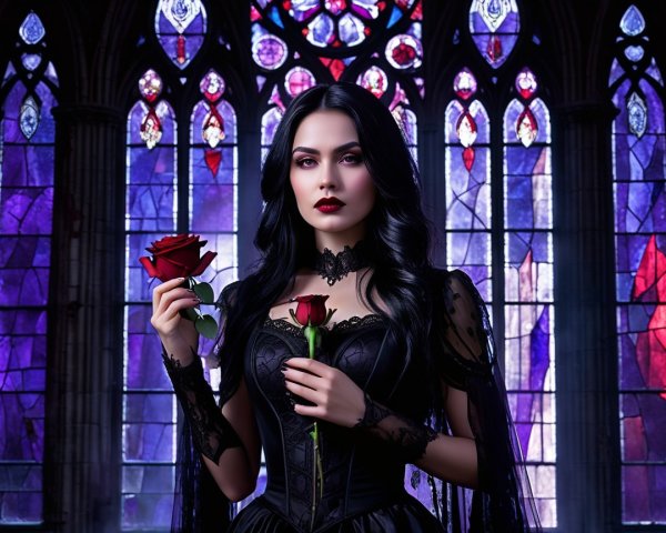 Elegant Woman in Gothic Setting with Stained Glass