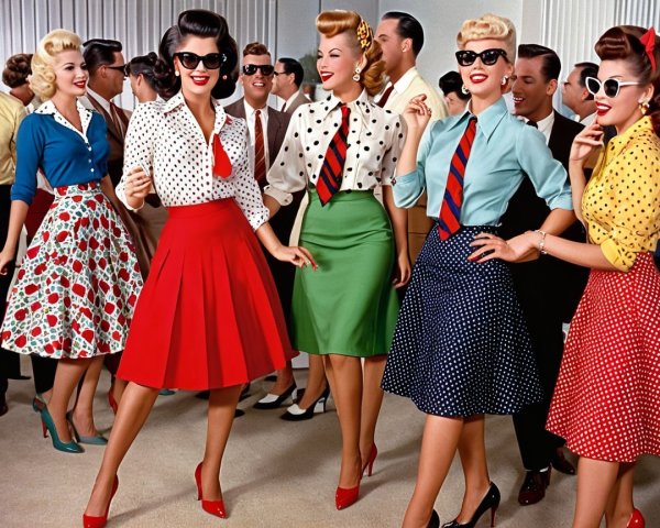 1950s Retro Scene with Stylish Women in Colorful Outfits