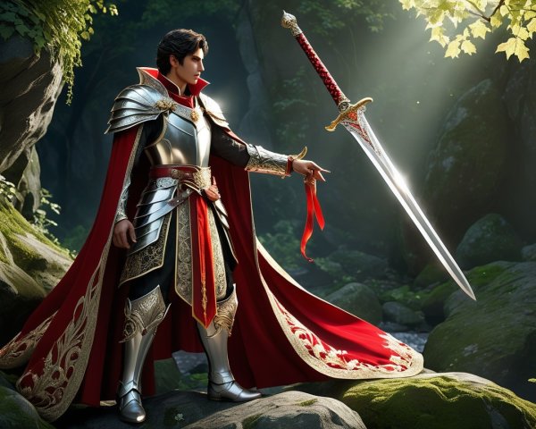 Heroic Knight in Silver Armor in Lush Forest Setting