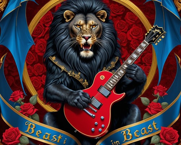 Lion with Guitar Surrounded by Roses and Wings