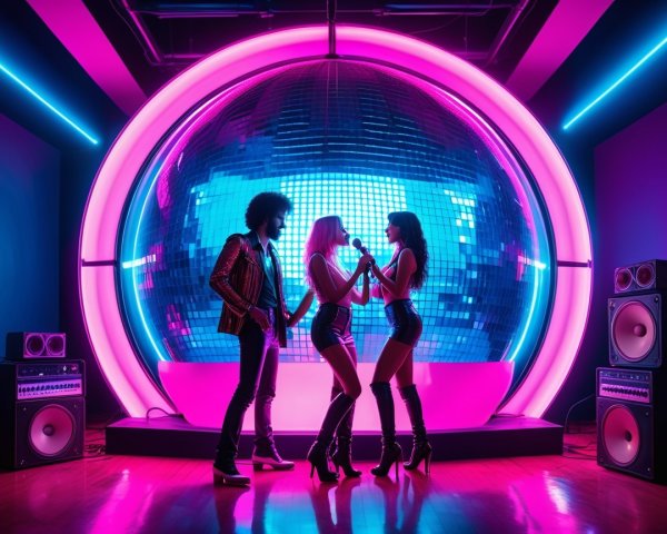Neon-lit Performance with Disco Ball and Vibrant Lights