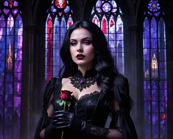 Elegant Woman in Dark Dress with Red Rose and Stained Glass