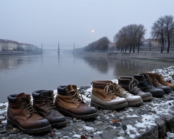 Worn Boots by a Serene Riverbank in Winter Mist