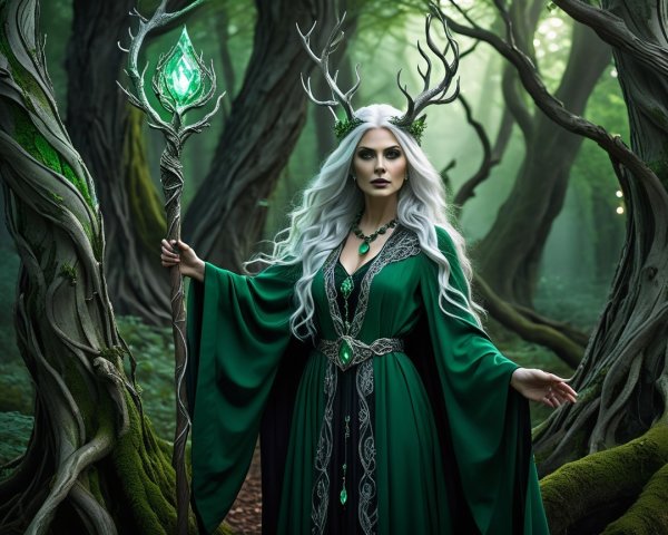 Regal Figure in Green Gown in Mystical Forest Setting