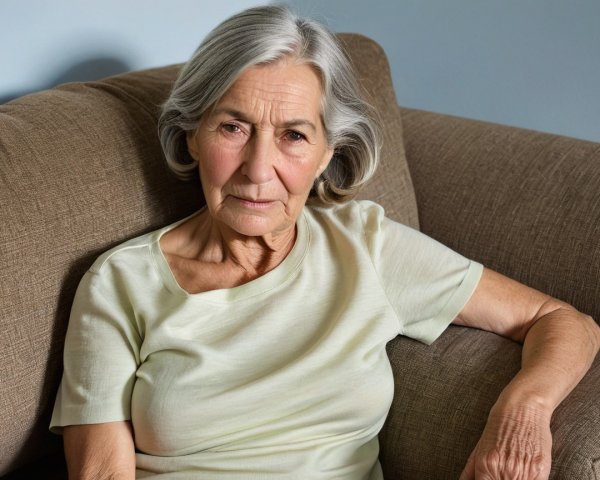 Elderly Woman in Calm Reflection on Brown Couch