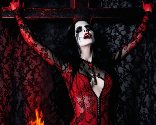 Dramatic Gothic Scene with Red Lace Dress and Flames