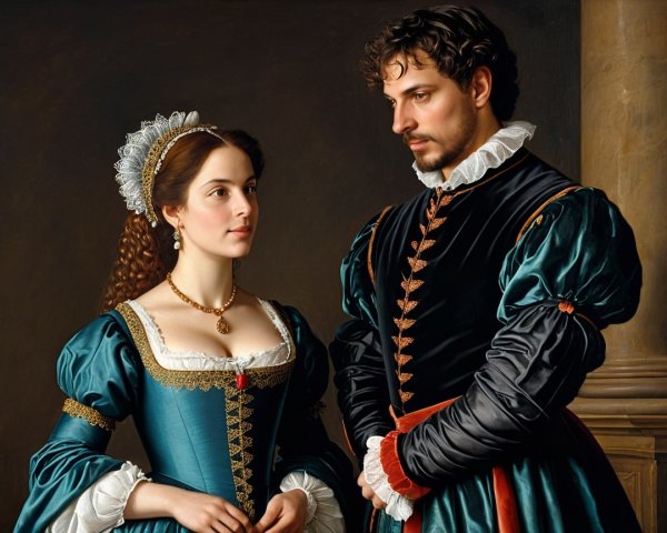 Renaissance Noble Couple in Turquoise and Black Attire