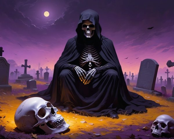Cloaked Skeleton in a Twilight Graveyard Scene