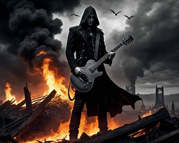 Hooded Figure with Guitar in Fiery Landscape