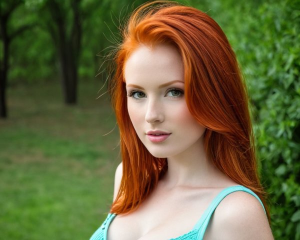 Young woman with red hair in a green setting