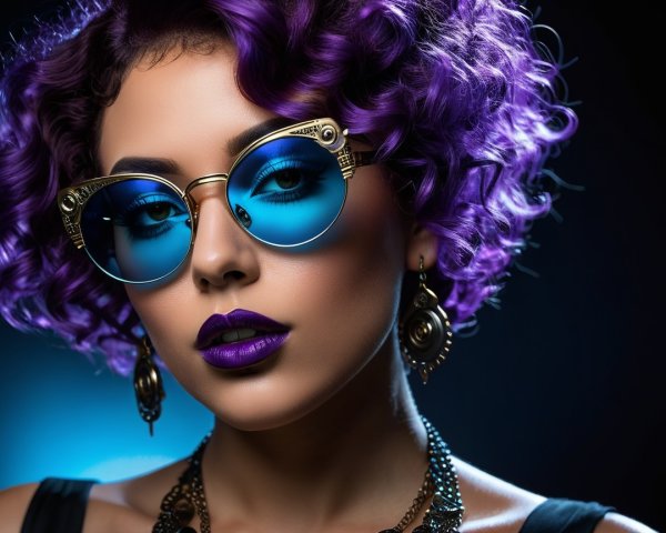 Portrait of a woman with purple hair and bold accessories