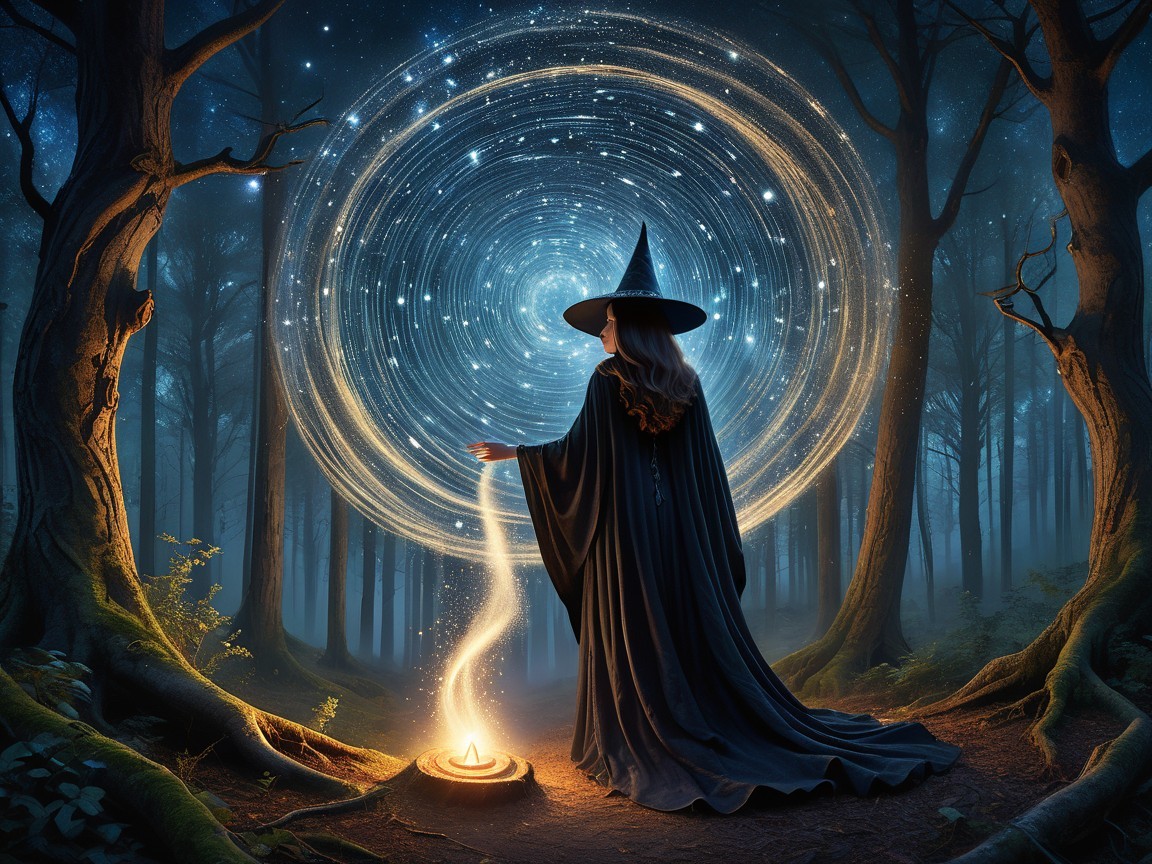 Witch in Black Cloak Surrounded by Magical Portal