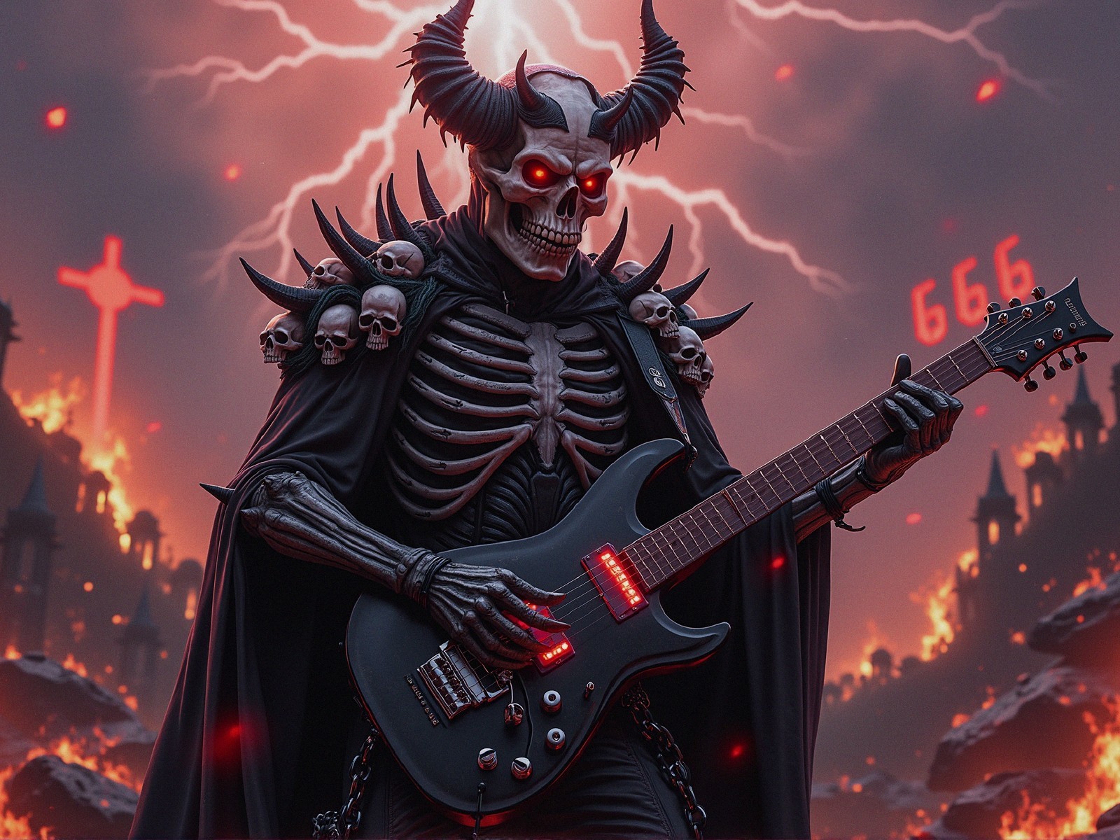 Skeletal Figure in Dark Armor with Electric Guitar