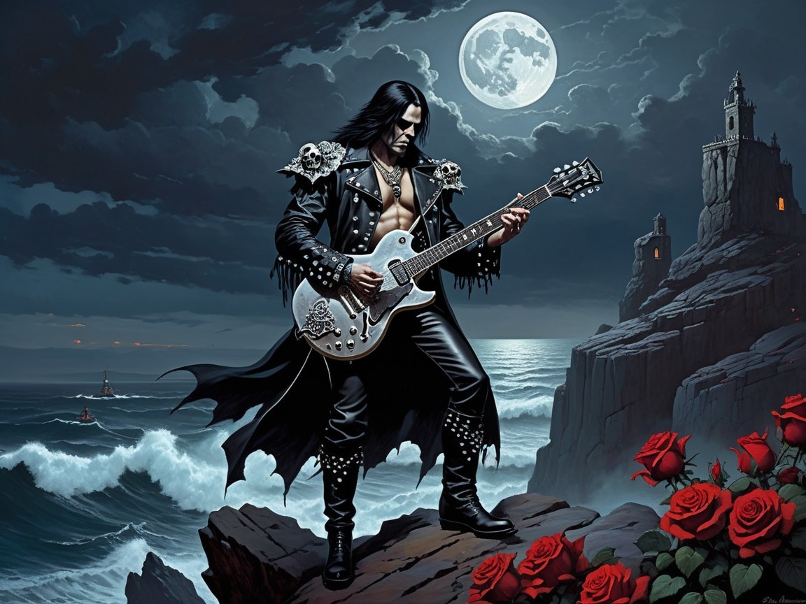 Rocker on Cliff with Guitar Under Full Moon and Roses