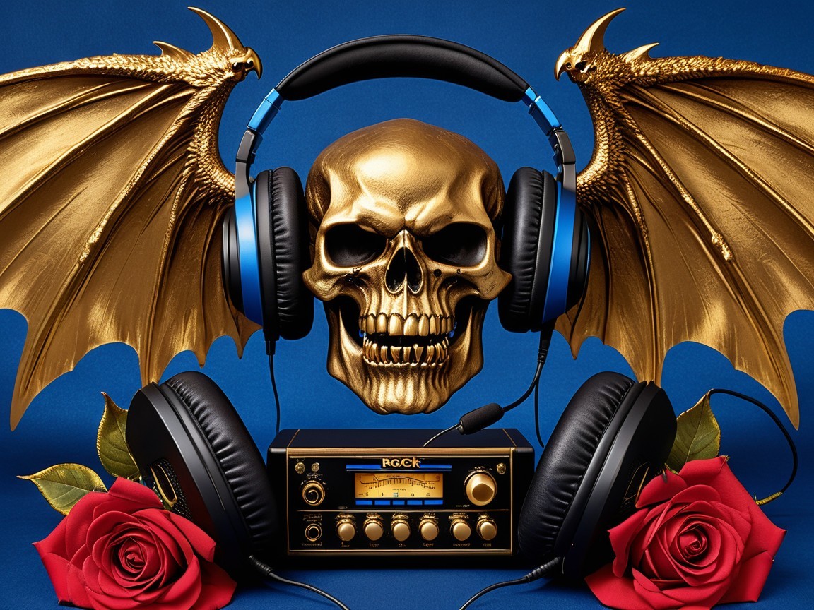 Golden Skull with Wings and Vintage Radio Composition