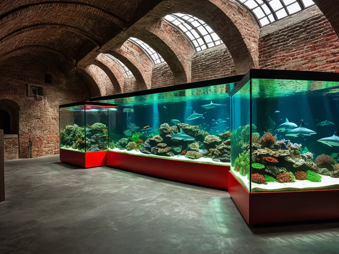 Large Aquarium in Rustic Brick Building with Coral Reefs