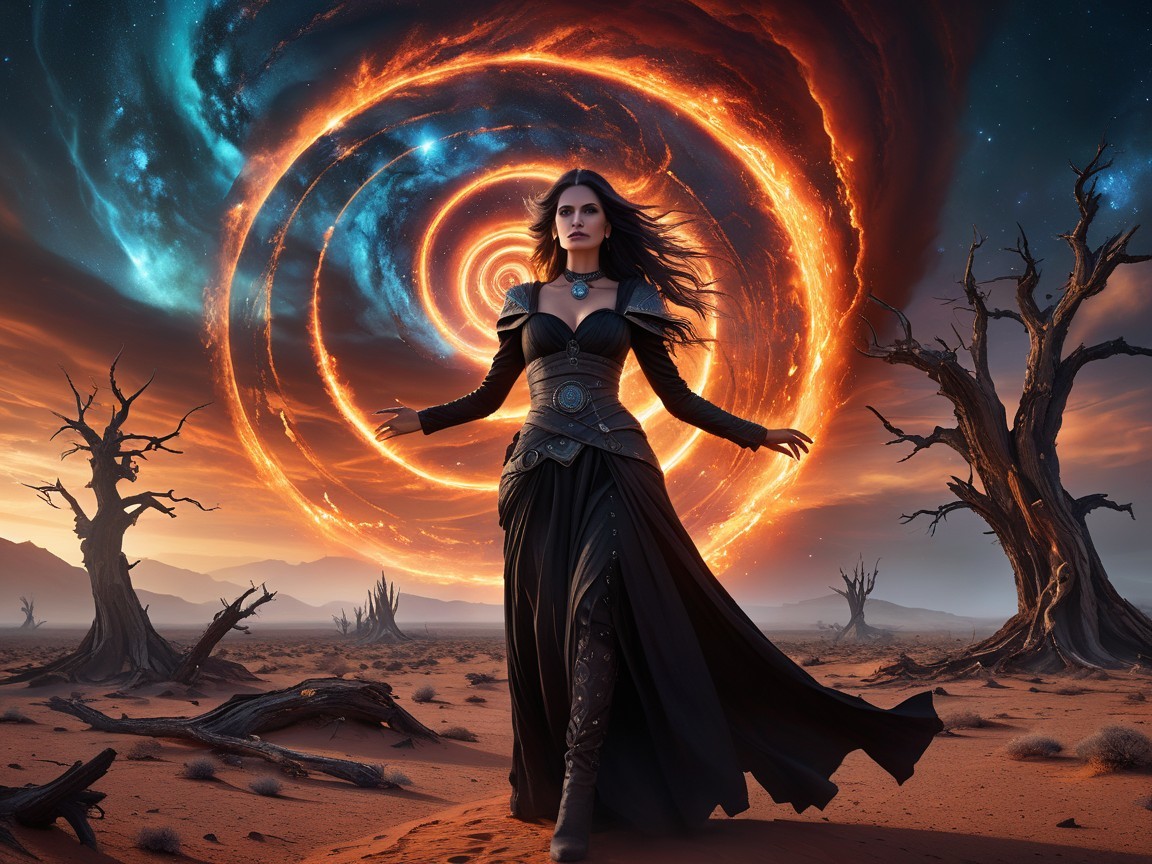 Sorceress in Black Gown Amidst Desert and Cosmic Spiral