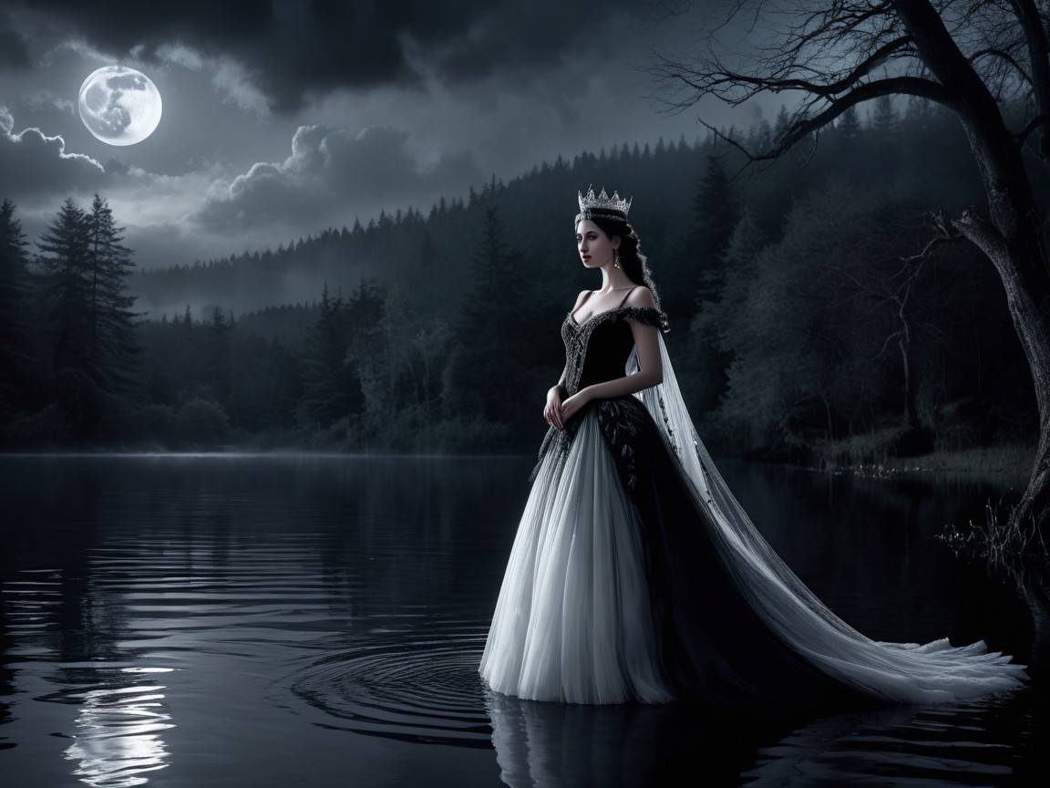 Woman in Black and White Gown by Moonlit Lake