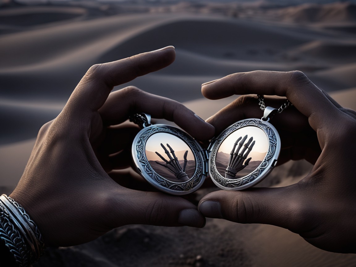 Silver Locket Held in Desert Landscape at Sunset