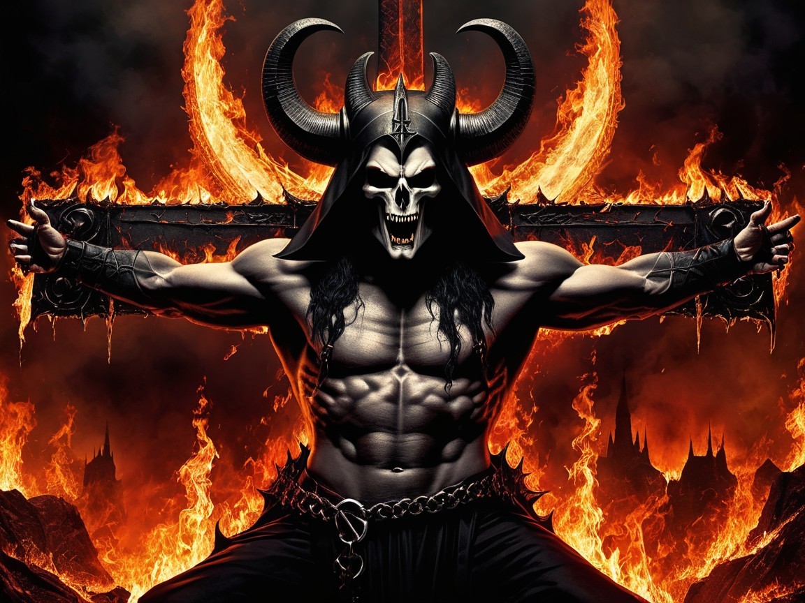 Muscular Figure in Skull Mask Against Fiery Backdrop