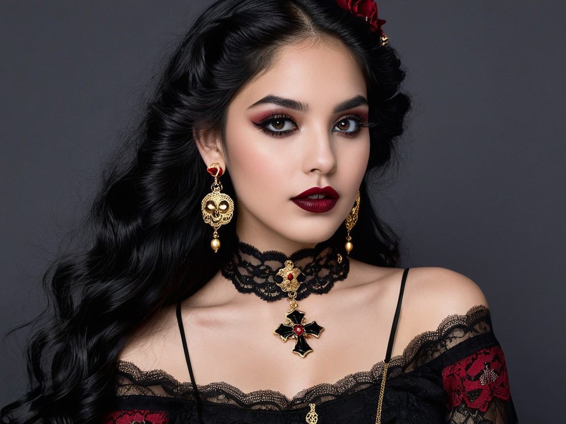 Young Woman in Gothic Style with Red Accents