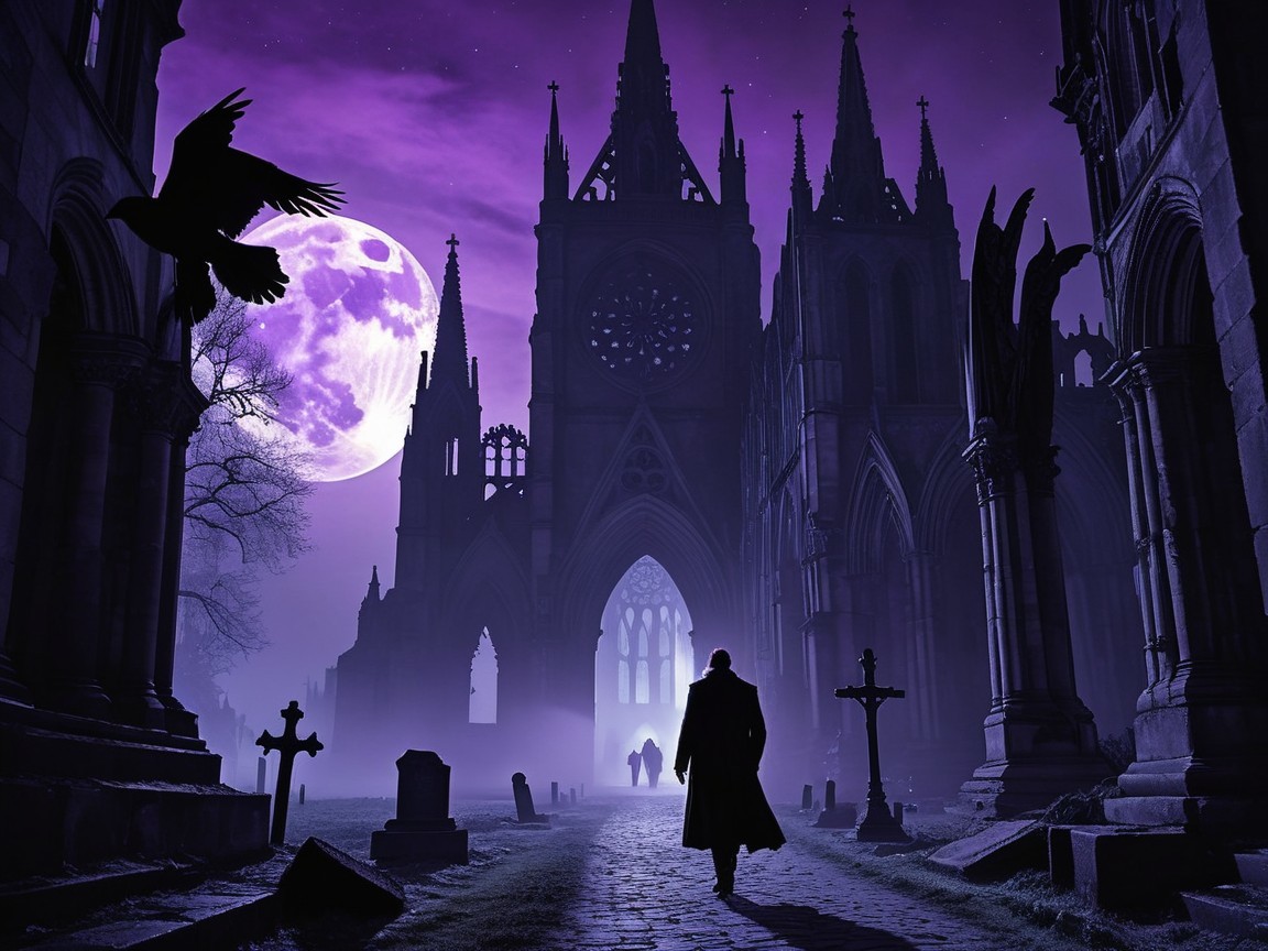 Misty Graveyard Scene with Gothic Cathedral and Moon