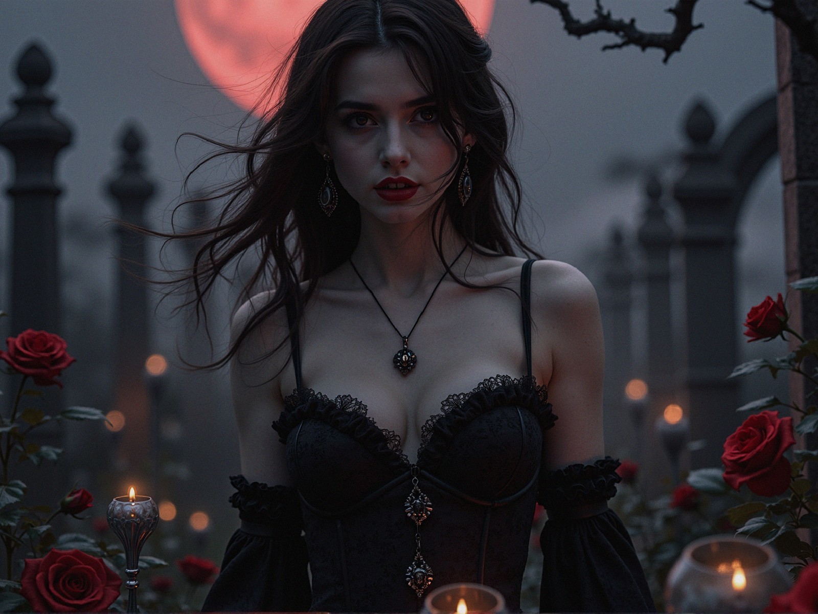 Gothic Garden Scene with Dark Moon and Roses