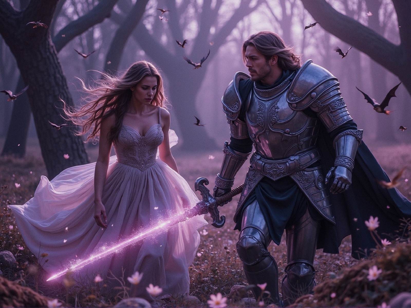 Mystical forest scene with a woman and knight at dusk