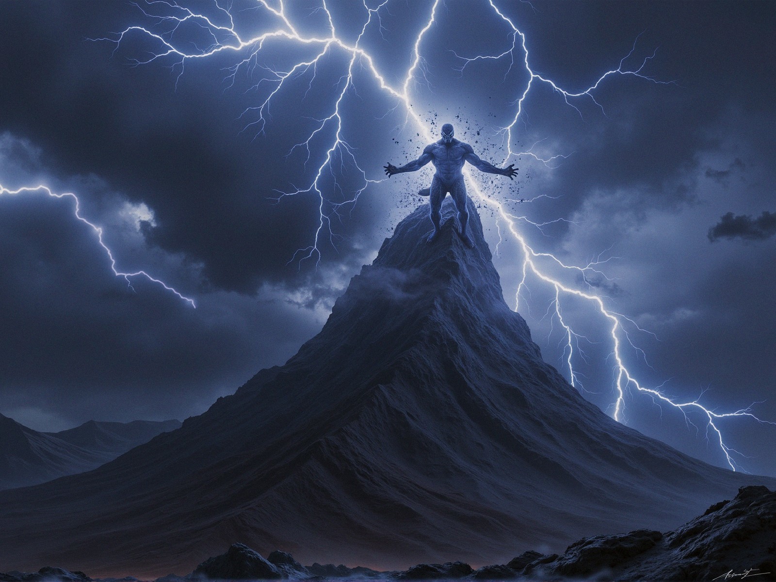 Blue Humanoid Figure on Jagged Mountain Peak with Lightning