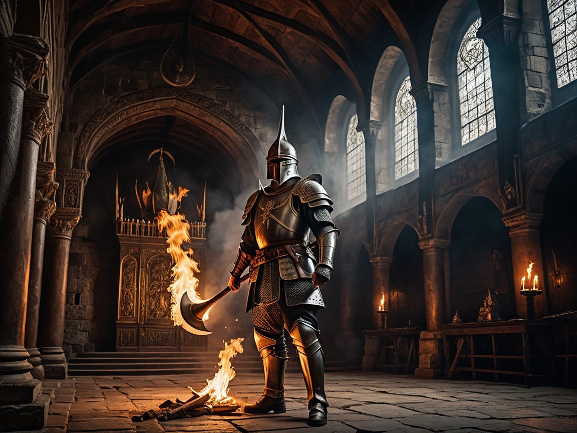 Knight in Armor in Medieval Hall with Stained Glass