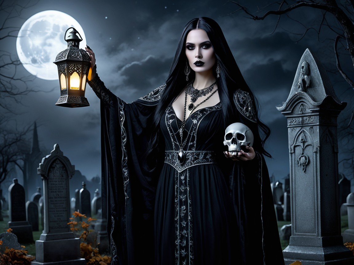 Mysterious Figure in Black Gown at Graveyard Scene