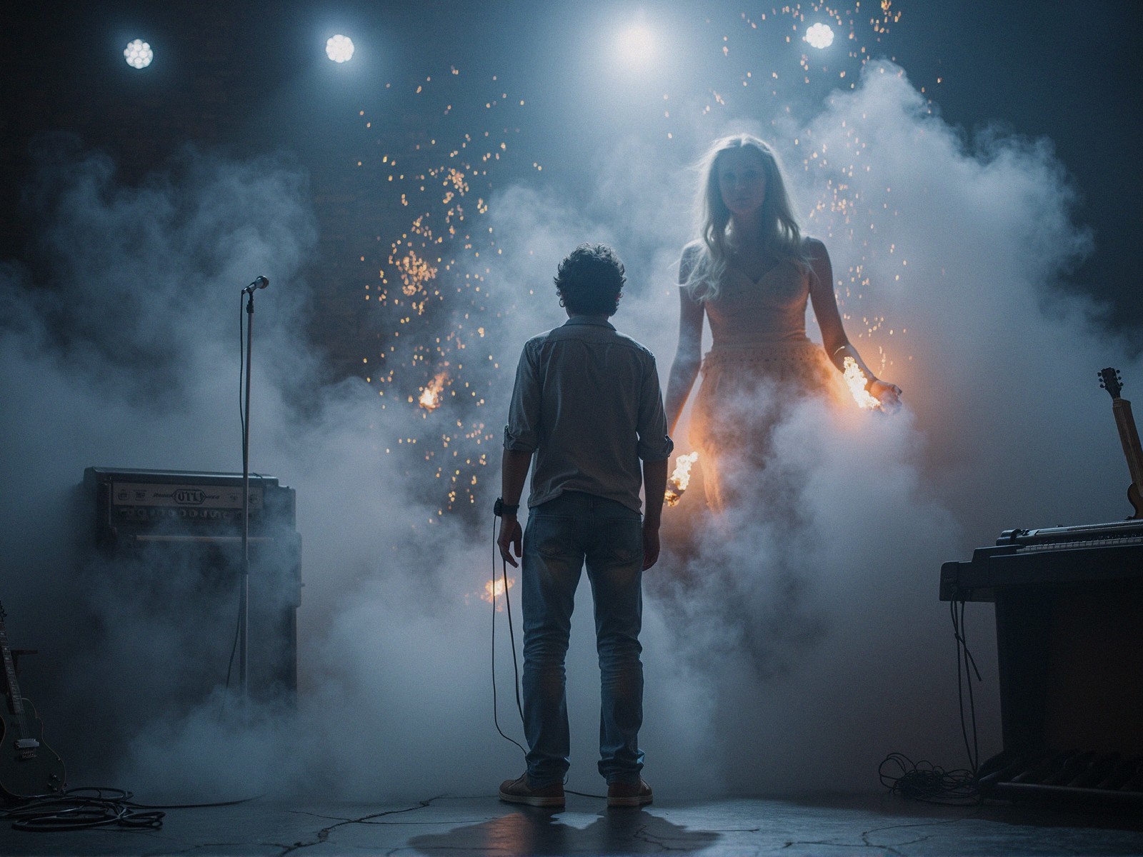 Young man with microphone in ethereal, smoky setting