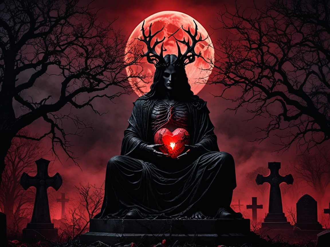 Dark Art Statue of Horned Figure in Gothic Graveyard