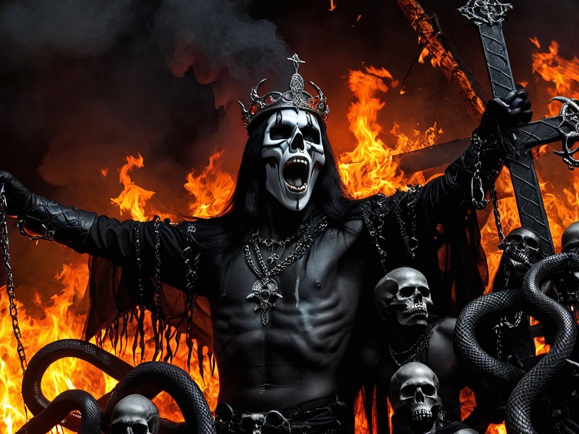 Gothic Figure in Skull Mask Amidst Fiery Inferno
